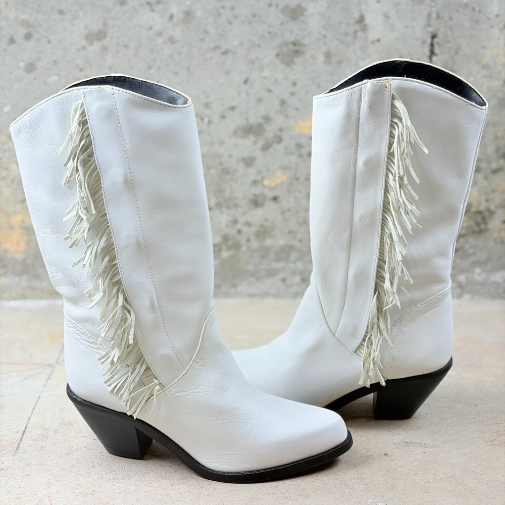 Dingo Women's Western Boots 7M White Leather Side Fringe Mid Calf Cowgirl Boots